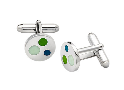Silver Cufflinks Green Enamelled Dots Ck00178