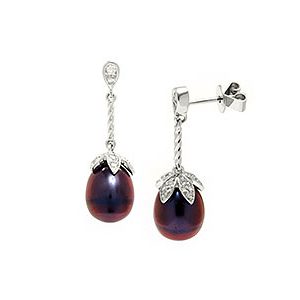 9ct White Gold Diamond & Black Pearl Drop Earrings Ed00604
