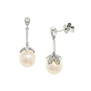 9ct White Gold Diamond & Pearl Drop Earrings Ed00600