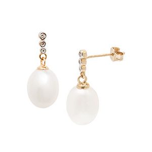 9ct Yellow Gold Diamond & White Pearl Drop Earrings Ed00036