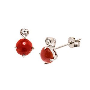9ct White Gold Round Coral & Cz Stud Earrings Es00088