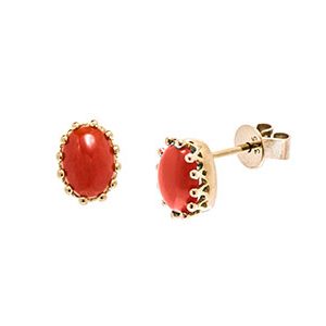9ct Yellow Gold & Oval Red Coral Stud Earrings Es00156