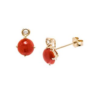 9ct Yellow Gold Round Red Coral & C Z Stud Earrings Es00105